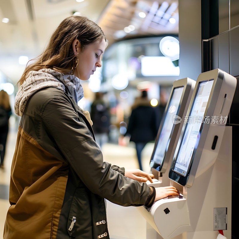 智能自助服务终端前专注的女性