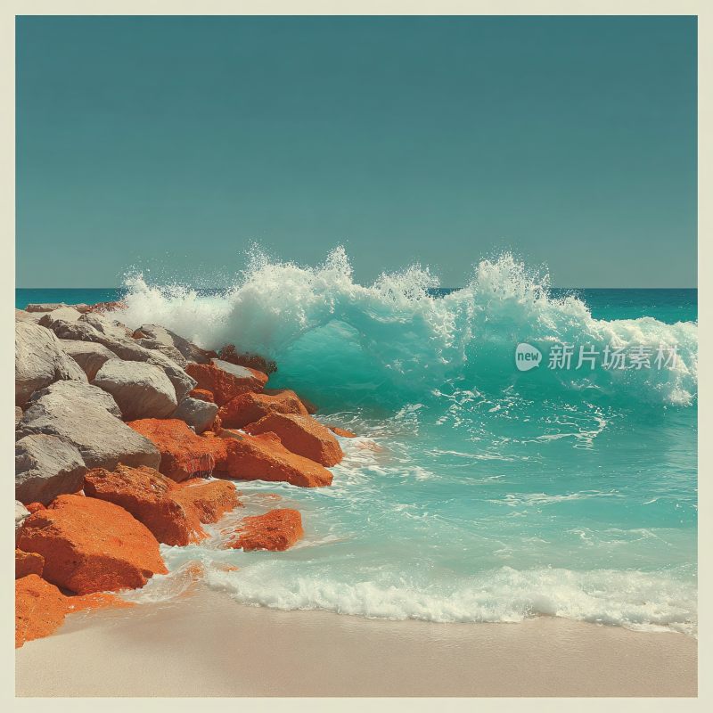 海浪拍打橙色礁石的海边景象