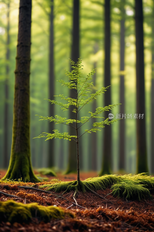 森林中央长满青苔的树高清风景图片