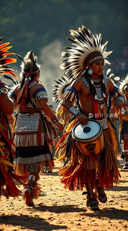 羽毛头饰与鼓手共舞的民族风情