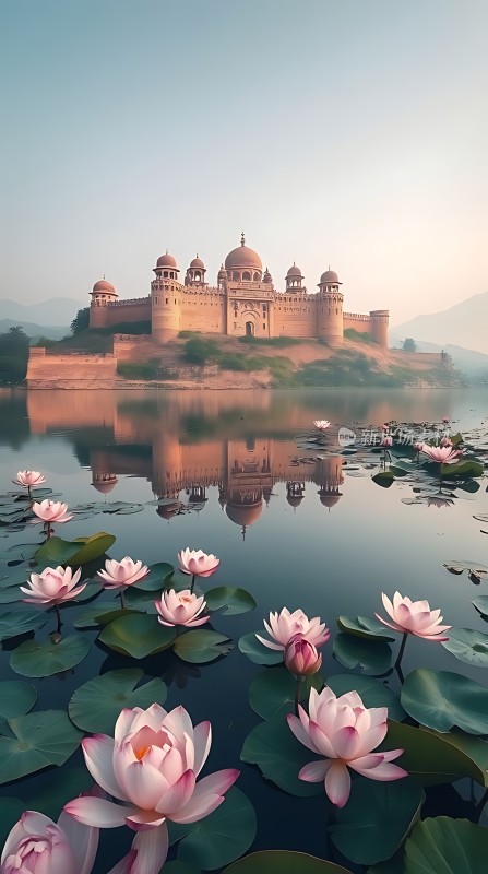 湖畔莲花映古堡