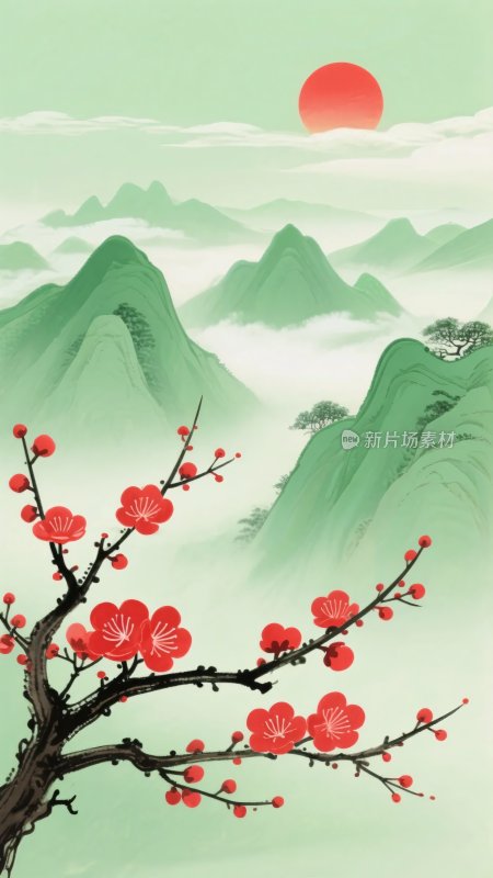 红梅映日山水图
