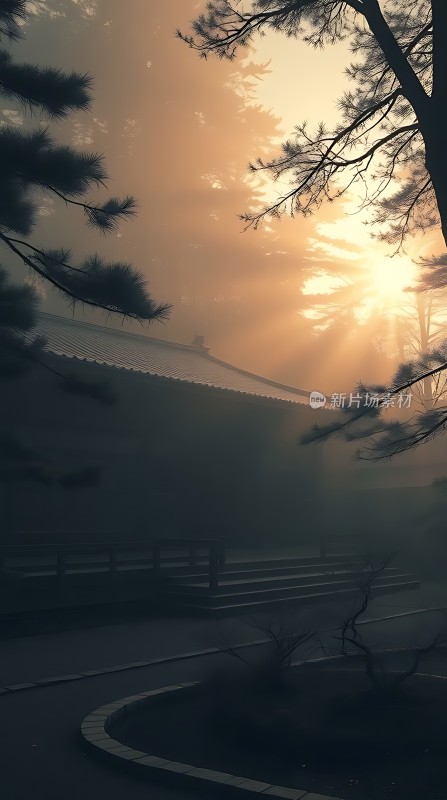 晨曦中的古寺宁静幽远