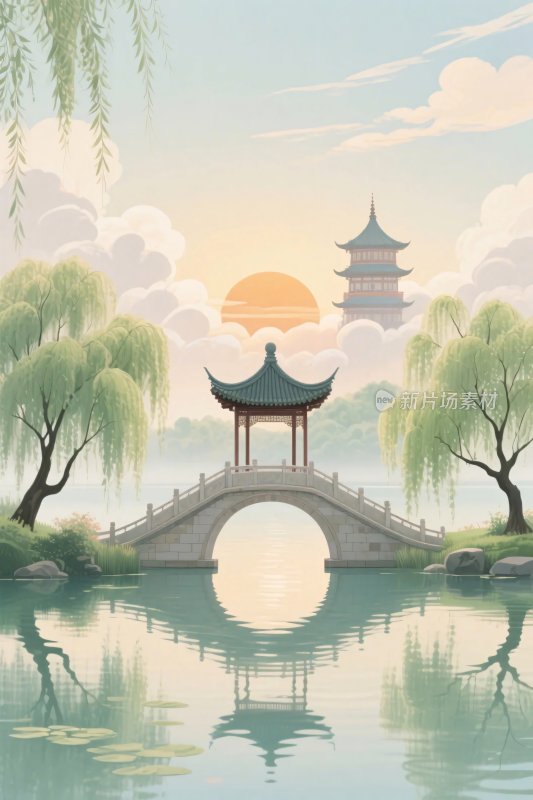 古韵山水风景插画