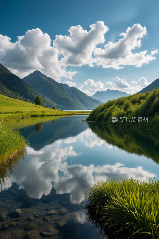 一小片水面草和高山清风景图片