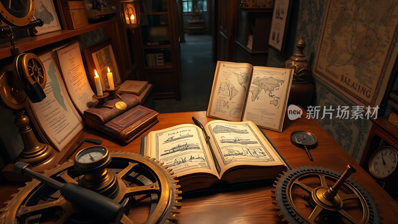 探险家书桌上的神秘地图与古老仪器