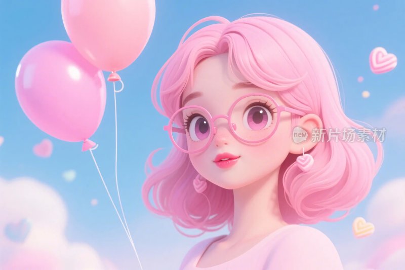 粉色头发女孩与气球插画