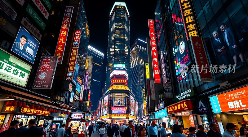 繁华都市夜景霓虹灯广告牌林立人流熙攘