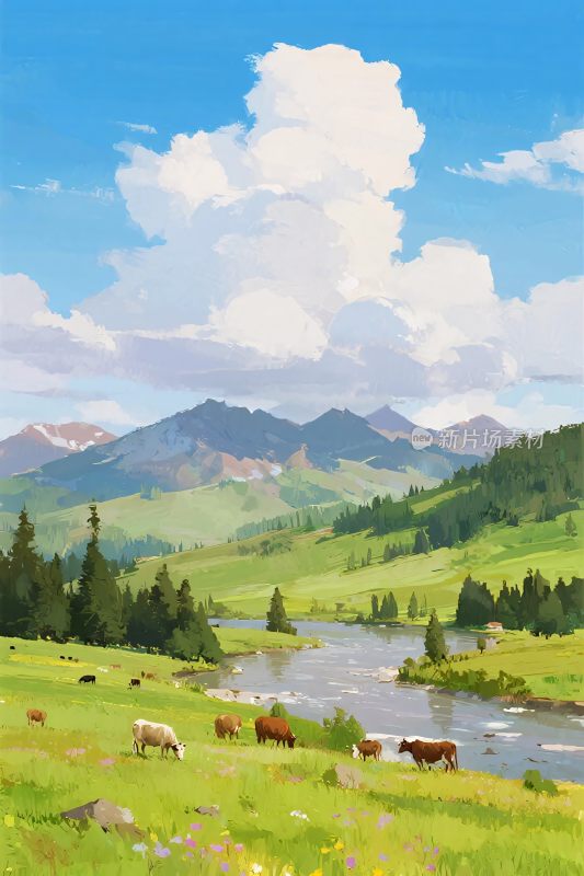 田园山水风景插画