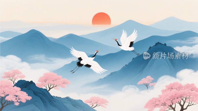 山水间双鹤伴日飞翔图景