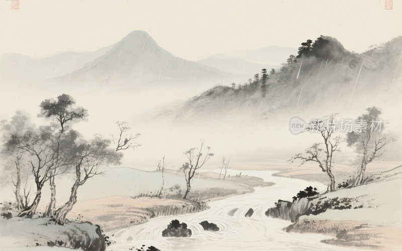 谷雨中国风山水插画