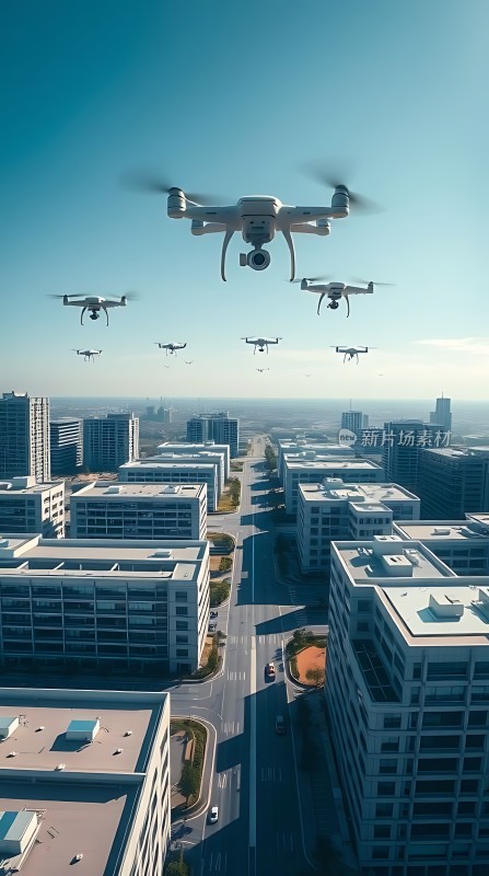 无人机编队飞越现代城市天际线
