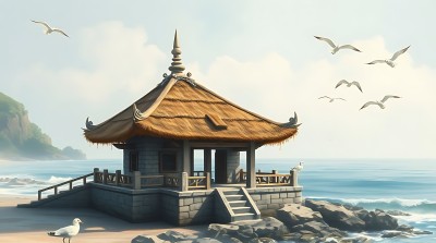 海边的茅草屋与飞翔的海鸥 海边的茅草屋与飞翔的海鸥