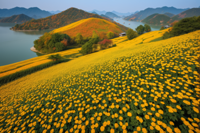 湖山附近的田野里开着黄色的花朵风景图片