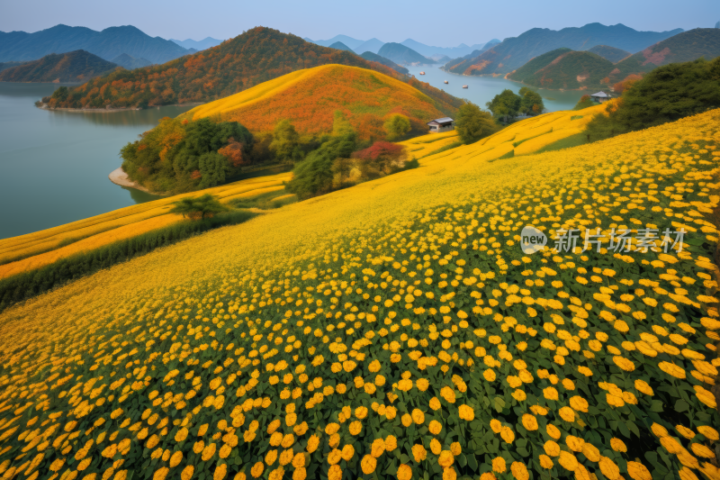 湖山附近的田野里开着黄色的花朵风景图片