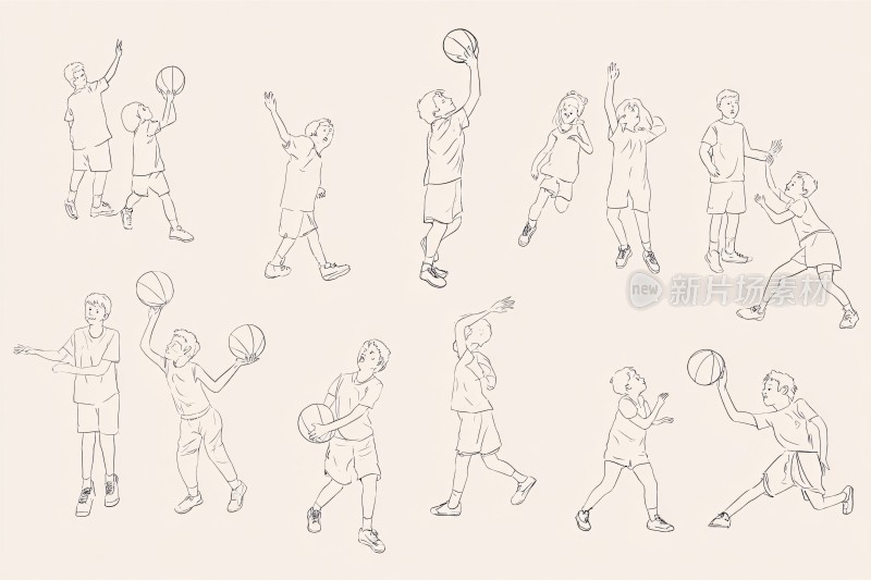 篮球人物动作线描插画