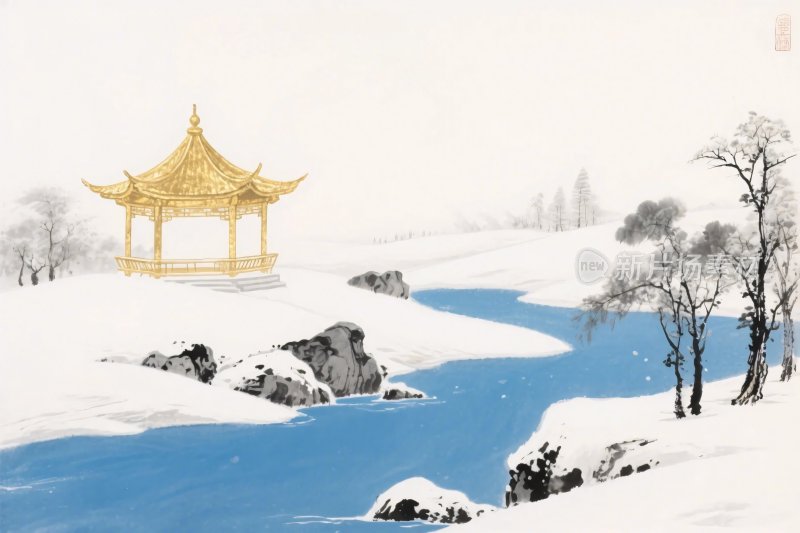 雪景山水古亭插画