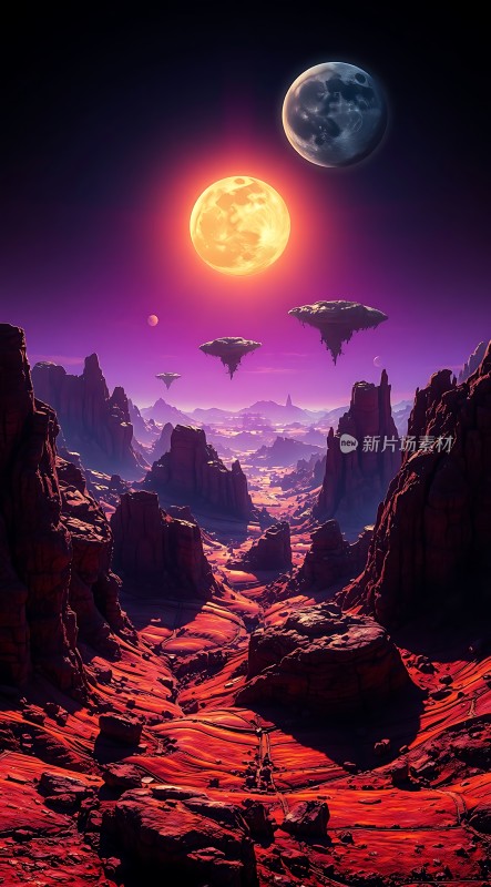 紫色星球奇景红色峡谷与悬浮岛屿