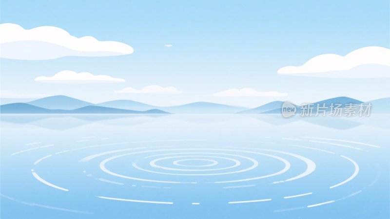 蓝色水面与远山的插画风景
