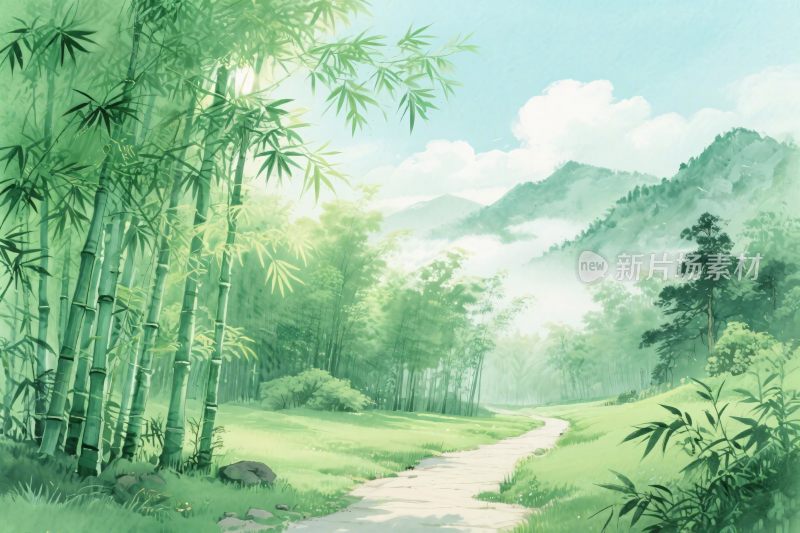 竹林山水风景插画