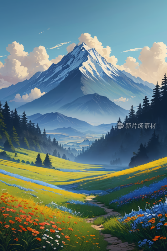 一座山有小溪流过高清插图片