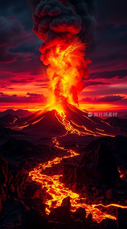 熔岩喷发火山怒吼炽热岩浆流淌