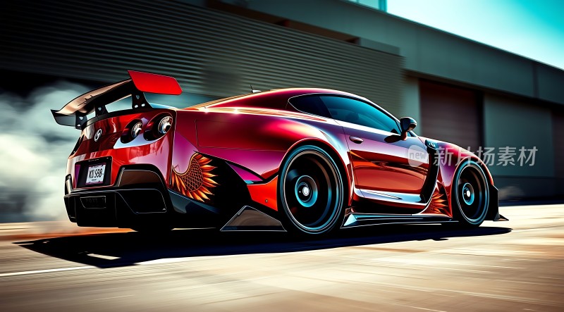 红色跑车疾驰而过尾部有火焰图案和黑色尾翼