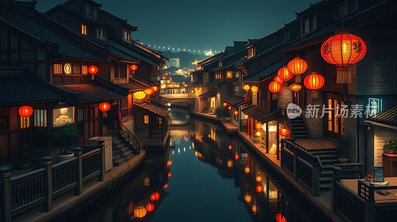 古街夜色灯笼映水乡