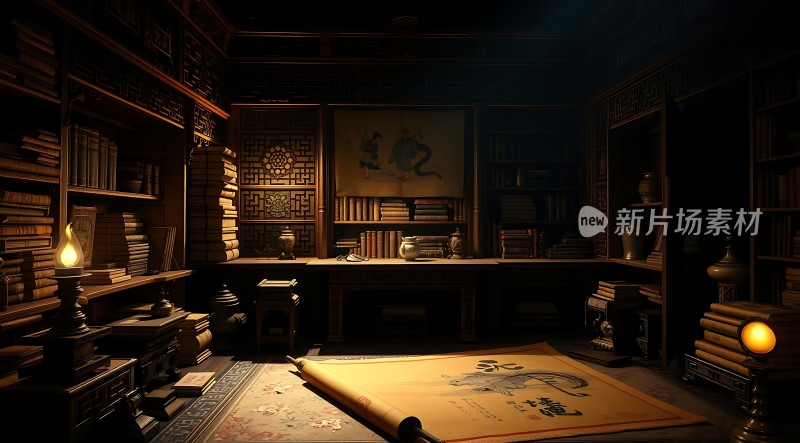 古风书房书卷与墨香交织的艺术空间