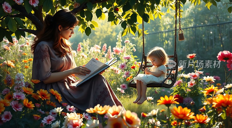 母女共读花丛中温馨时光