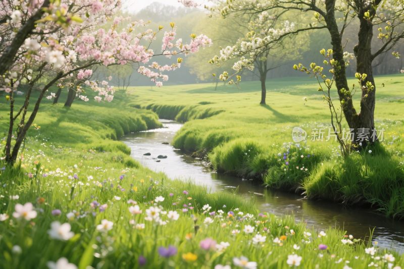 春日田园溪流风景