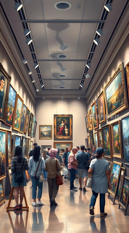 艺术馆内观众欣赏画作色彩斑斓氛围高雅
