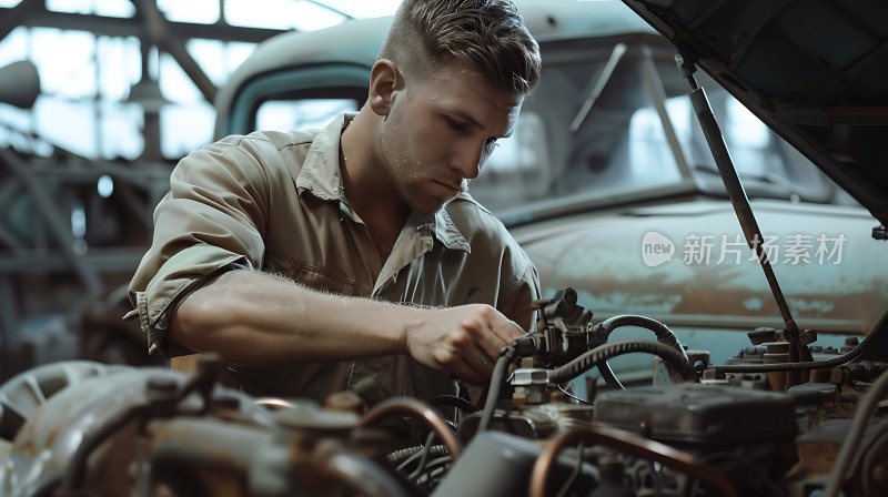 机械师专注修理汽车引擎