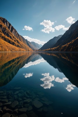 山和湖前景是岩石蓝天是云高清图片