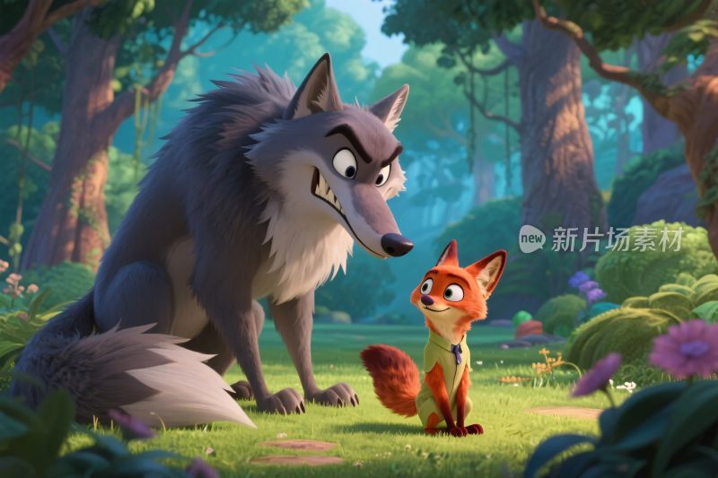 森林中狼与狐狸互动