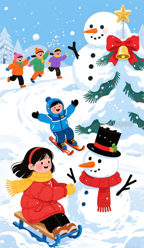 冬日雪景滑雪儿童欢乐插画