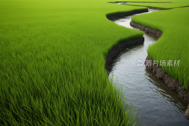 穿过郁郁葱葱的绿色田野的溪流的草图背景