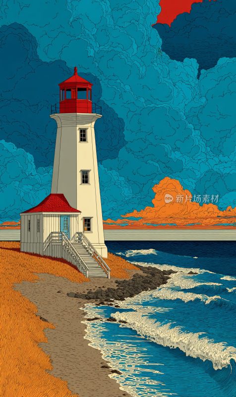 海边灯塔插画风景