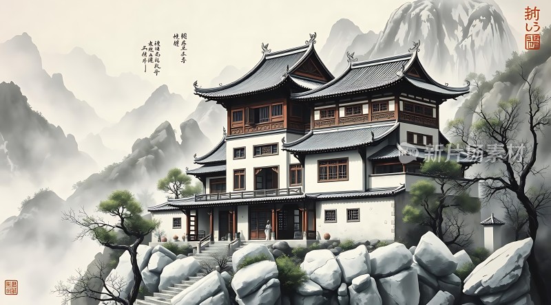古风建筑山水画