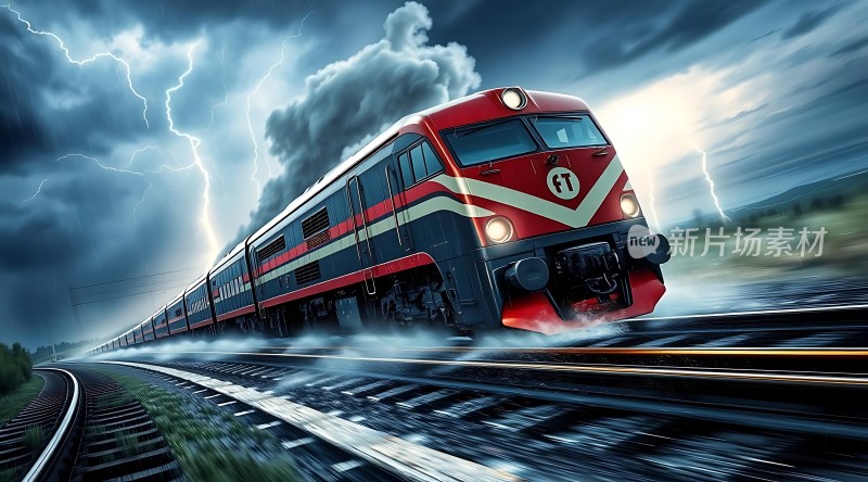 红色火车在暴风雨中疾驰
