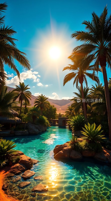阳光下的热带风情泳池