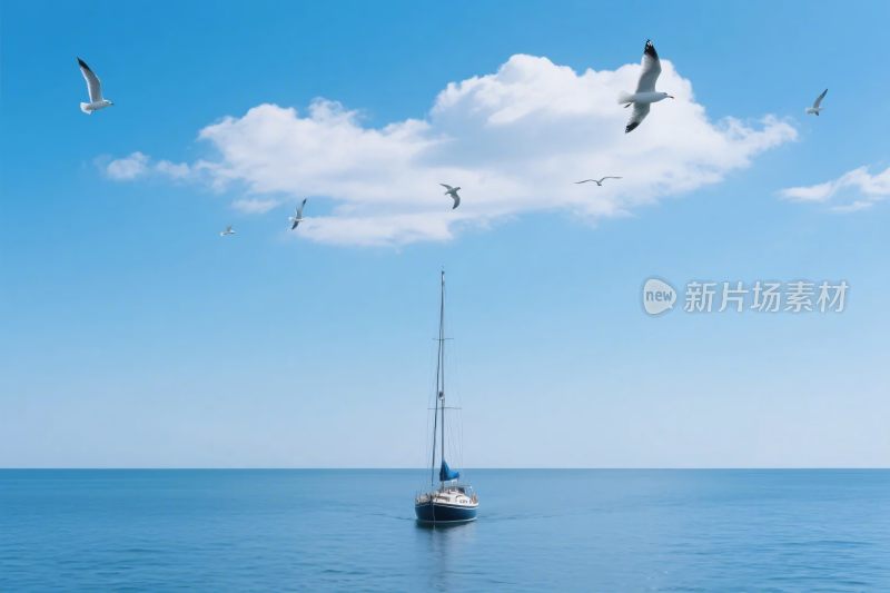 海上帆船与飞翔海鸥