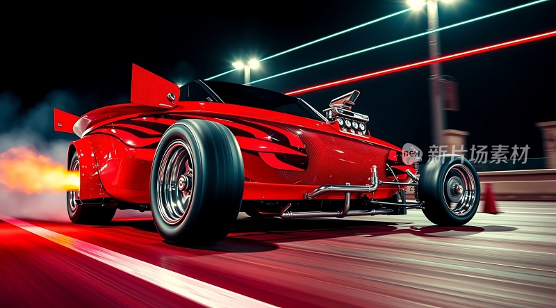 红色赛车疾驰夜色赛道尾焰冲天速度与激情尽显