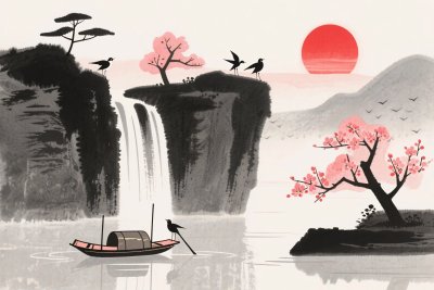 水墨山水风景插画 水墨山水风景插画