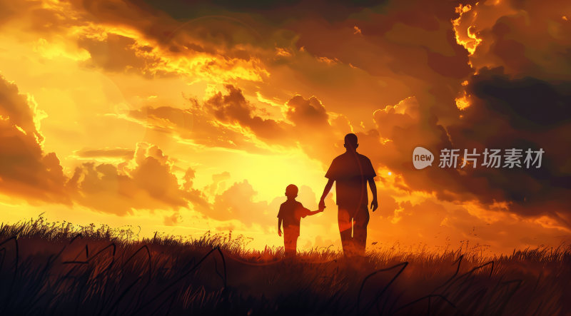 父亲节插画夕阳中的父子手牵手在草原上散步