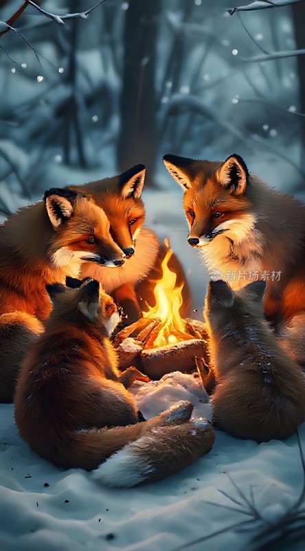 雪地篝火旁的三只狐狸