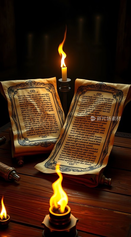 古卷秘文烛光映照