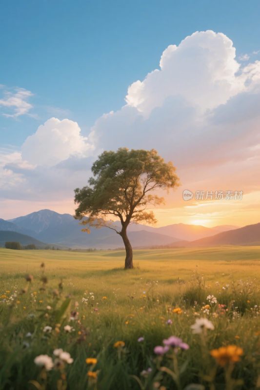 夕阳下的树与草地美景