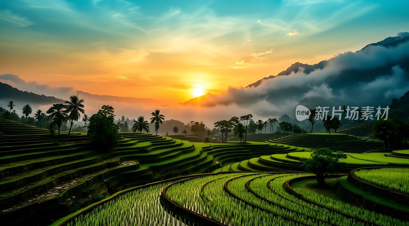 梯田晨曦阳光洒满大地