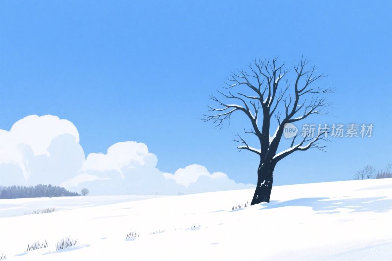 雪地孤树风景插画